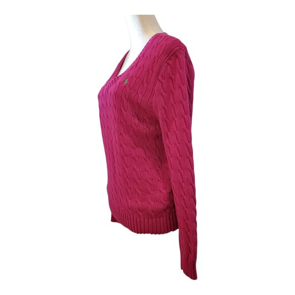 RALPH LAUREN SPORT SZ XL Women's 100% Cotton Cable Knit V-Neck Sweater Fuchsia - Picture 4 of 7